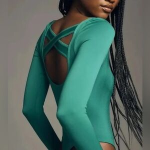 Anthropologie Women’s Green Long Sleeve Bodysuit with Crisscross Back Size L/XL